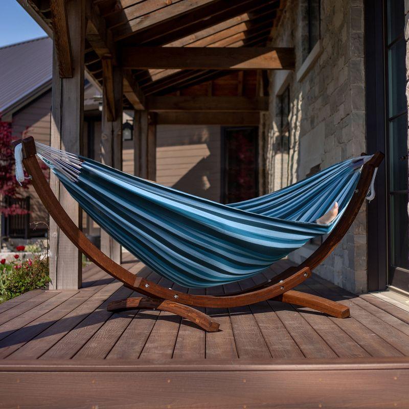 Vivere 8ft Double Cotton Hammock with Solid Pine Arc Stand - Blue Lagoon Color