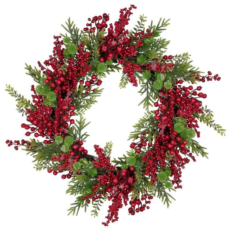 Artificial Frosted Red Berry and Pine Christmas Wreath, 28-Inch