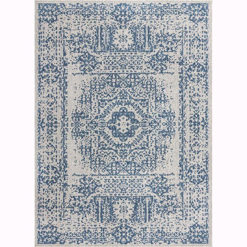 Blue Rectangular Stain-Resistant Outdoor Rug