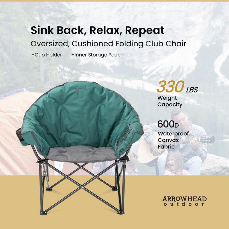 Arrowhead Outdoor Oversized Heavy-Duty Club Folding Camping Chair w/External Pocket, Cup Holder, Portable, Padded, Moon, Round, Bag (Forest Green)