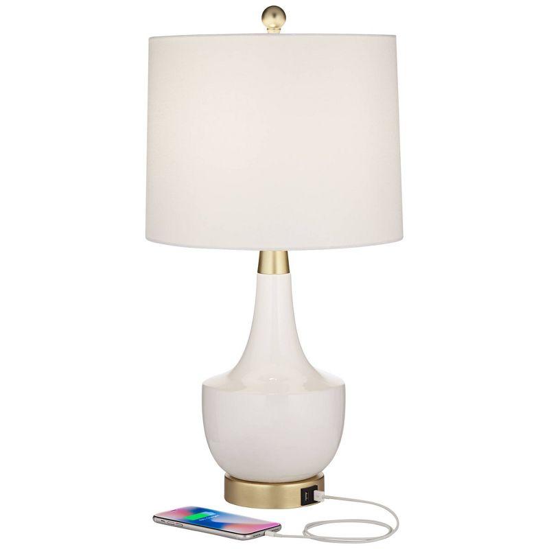 White and Gold Ceramic Mid-Century Modern Table Lamps with USB Ports