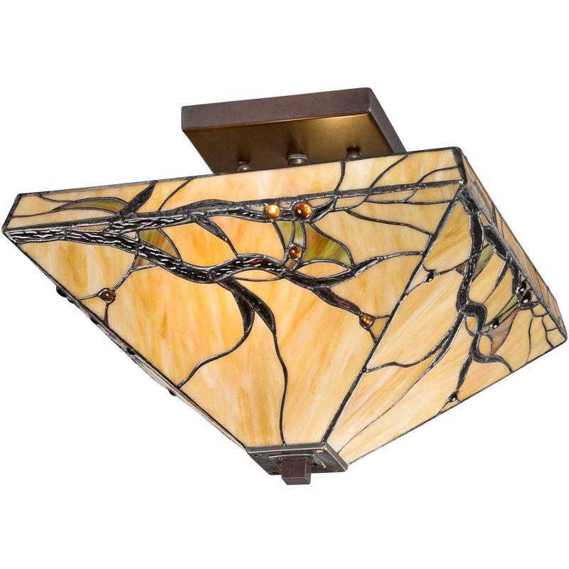 Robert Louis Tiffany Mission Rustic Ceiling Light Semi Flush Mount Fixture 14" Wide Bronze 2-Light Budding Branch Art Glass Shade for Bedroom Kitchen