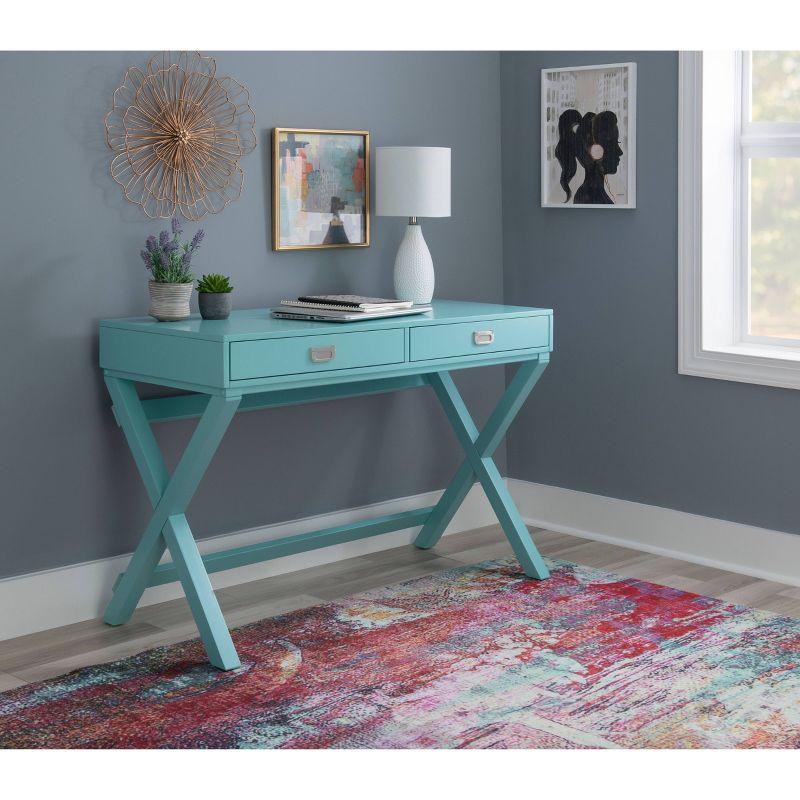 Peggy Transitional Campaign Wood Writing Desk with Drawers Blue - Linon: Silver Hardware, X-Framed Legs, Pine Frame