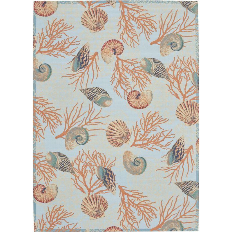 Light Blue Coastal Seashell Floral Synthetic Area Rug