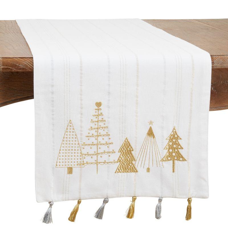 White Cotton Christmas Tree Table Runner with Gold Tassels