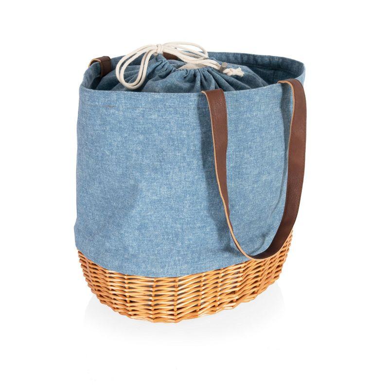 Picnic Time Coronado Canvas and Willow Basket Tote with Navy Blue and White Stripe
