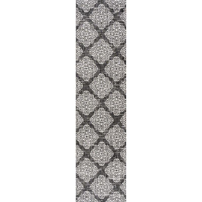 2'x10' Tuscany Ornate Medallions Indoor/Outdoor Runner Rug, Black/Ivory - JONATHAN Y