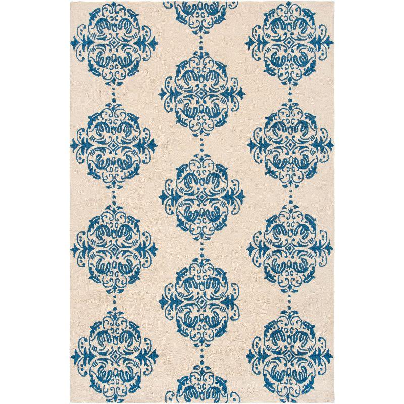 Ivory and Blue Floral Hand-Hooked Wool Area Rug 4' x 6'