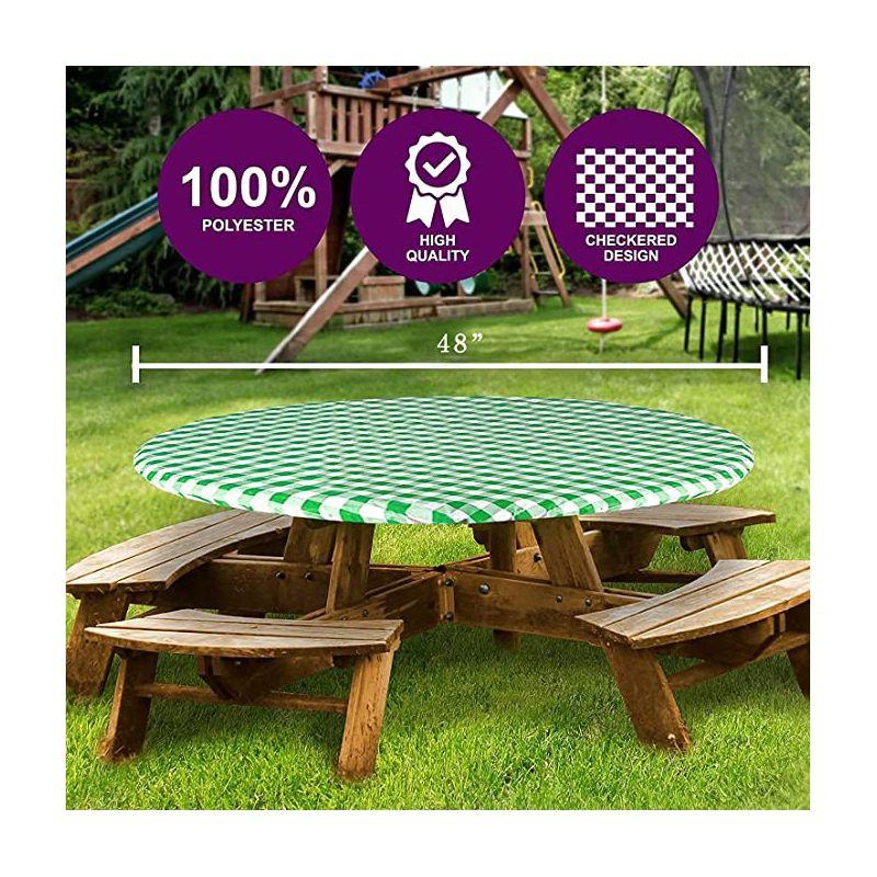 Round Tablecloth -Fitted with Elastic, Vinyl with Flannel Back, 48” Green Checked Design,- By Sorfey