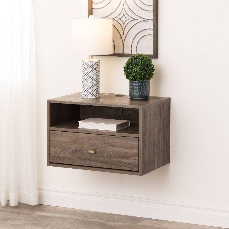 Floating 1 Drawer Nightstand with Open Shelf Drifted Gray - Prepac: Laminated, Cable Management, Metal Glides