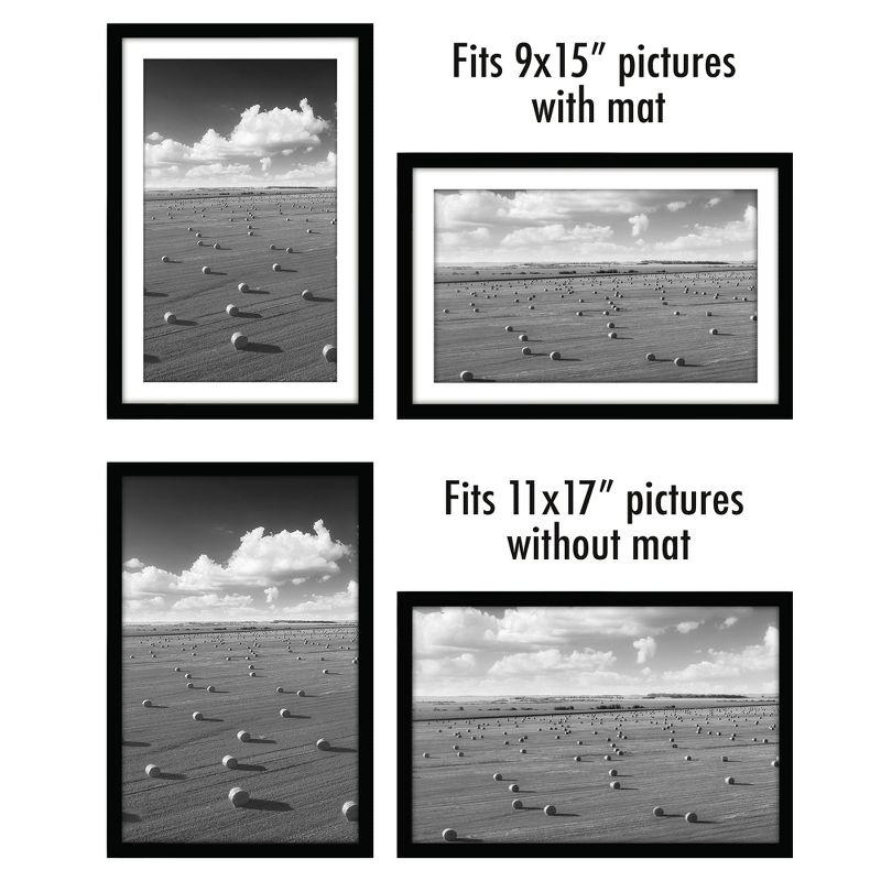 Americanflat 11x17 Picture Frame with Polished Plexiglass, Set of 5, Use as 9x15 Frame with Mat or 11x17 Frame Without Mat, Galleria Collection,Black