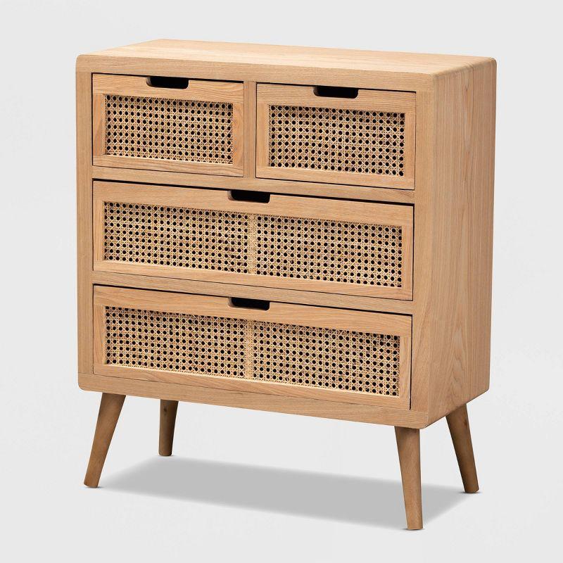 Mid-Century Medium Oak Wood & Rattan 4-Drawer Chest