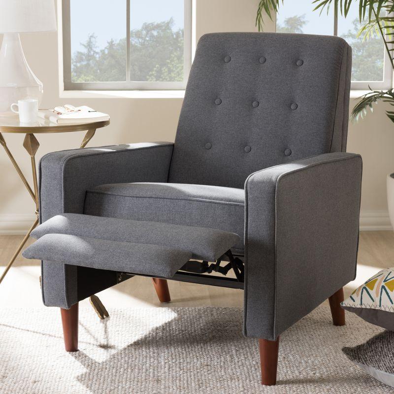 Mid-Century Modern Grey Fabric Wood Base Recliner Chair