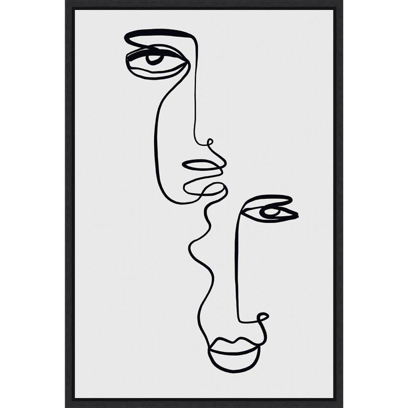 Faces 2 Black Line Abstract Canvas Art in Black Frame