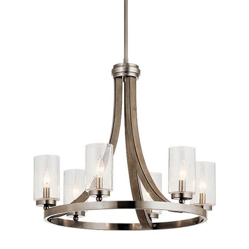 Grand Bank 22.5" 6 Light Chandelier with Clear Seeded Glass in Auburn Stained Wood and Distressed Black Metal