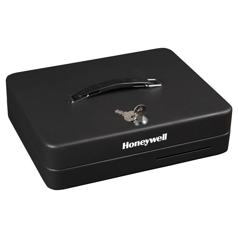 Honeywell Deluxe Steel Cash Box: Black Key Lock Safe with Removable Tray, 0.23 Volume, No Assembly Required