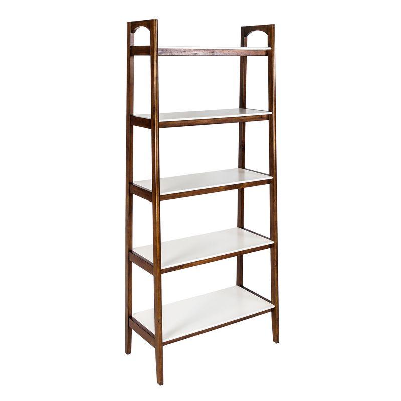 Mid-Century Pecan and Off-White Solid Wood Ladder Bookcase