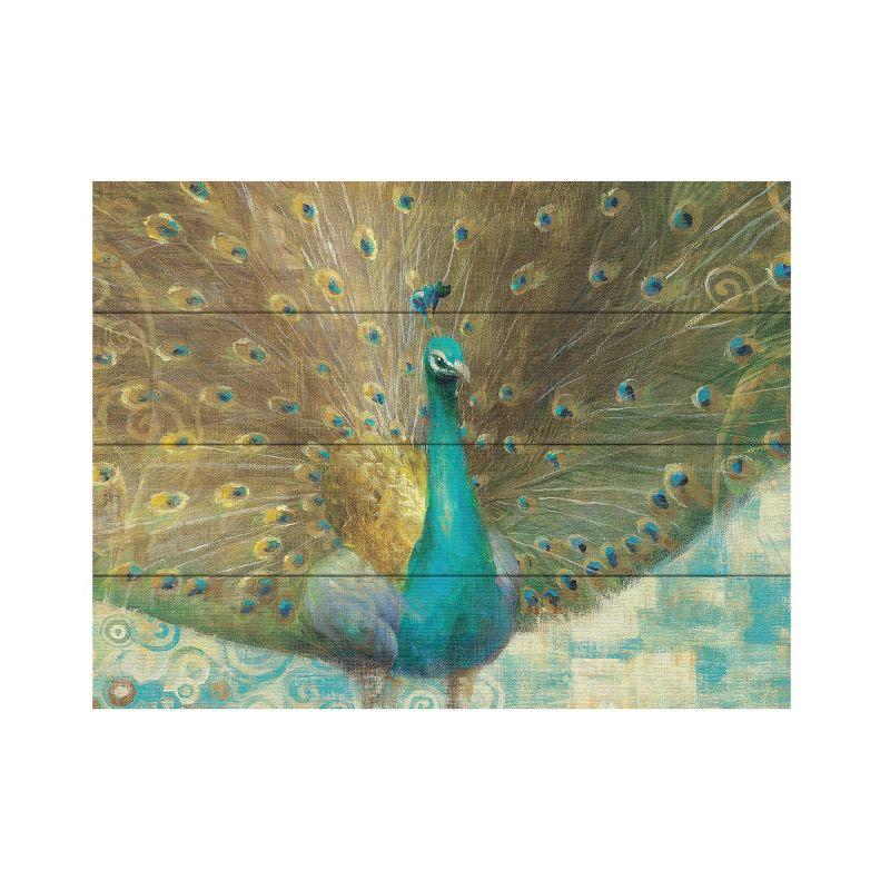 Trademark Fine Art -12"x16"  Danhui Nai 'Teal Peacock on Gold' Wood Slat Art