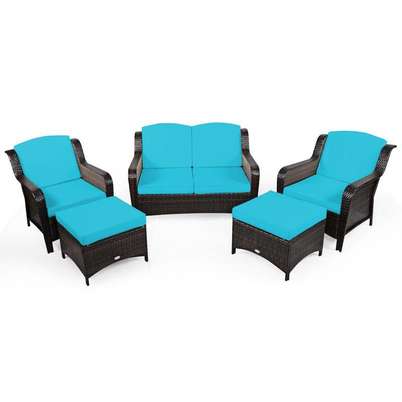 Turquoise Cushioned 5-Piece Rattan Patio Sofa Set