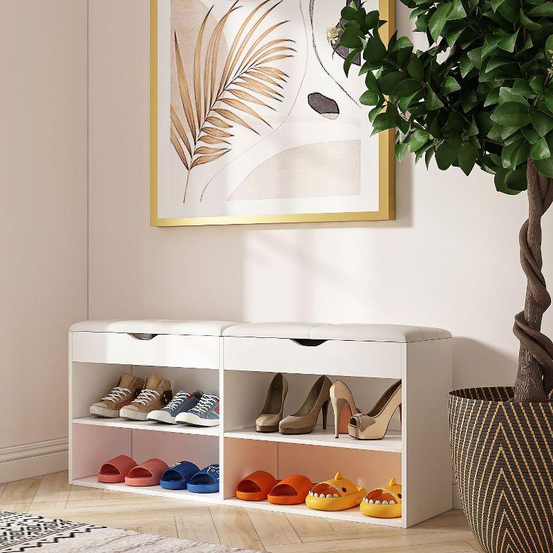 FUFU&GAGA White Wooden Shoe Storage Bench with Seating Cushion Open Shelf