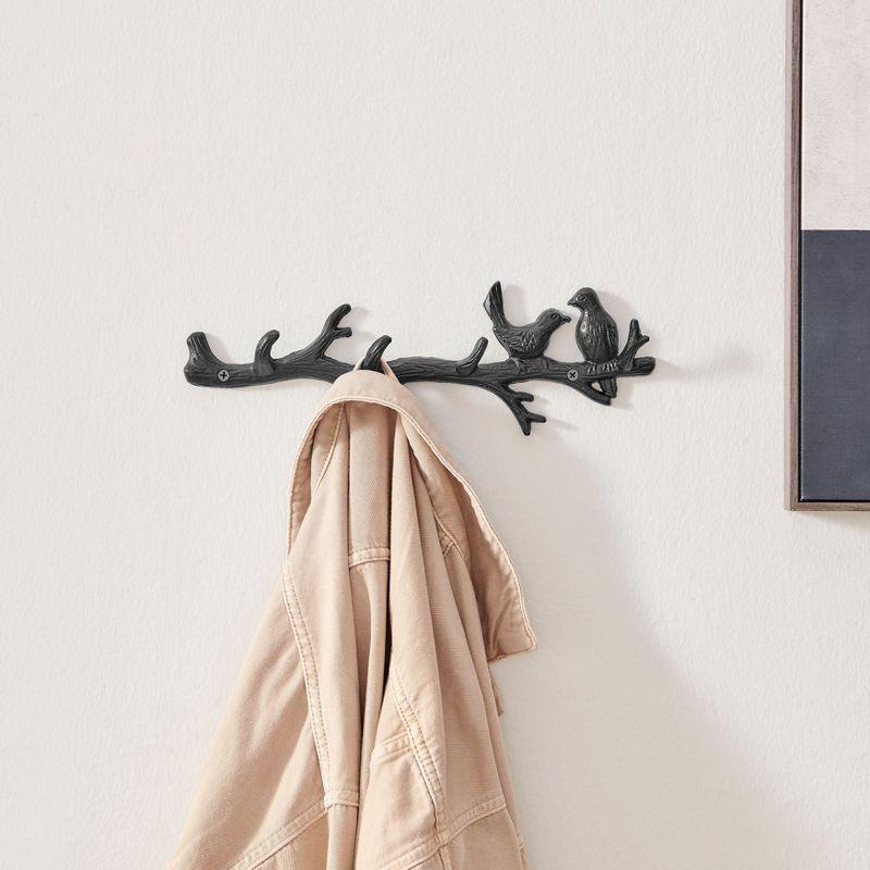 Danya B. Dark Brown Cast Iron Birds on Tree Branch Decorative Wall Sculpture Utility Hook Unit with 4 Hooks