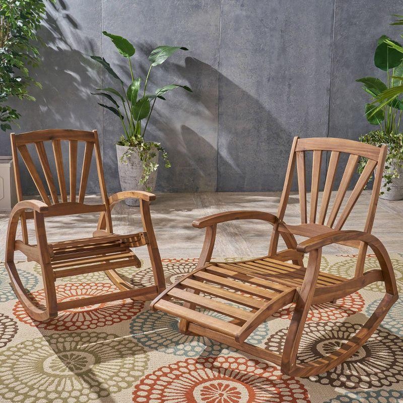 Sunview 3pc Acacia Wood Recliner Rocking Chair Set - Teak - Christopher Knight Home: Weather-Resistant Patio Set