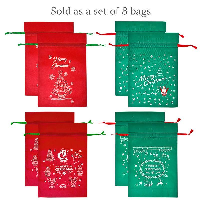Wrapables Non-Woven Christmas Holiday Drawstring Gift Bags for Party Favors, Goodie Bag, Treats, Gift Wrap, Parties (Set of 8) Red & Green Set of 8