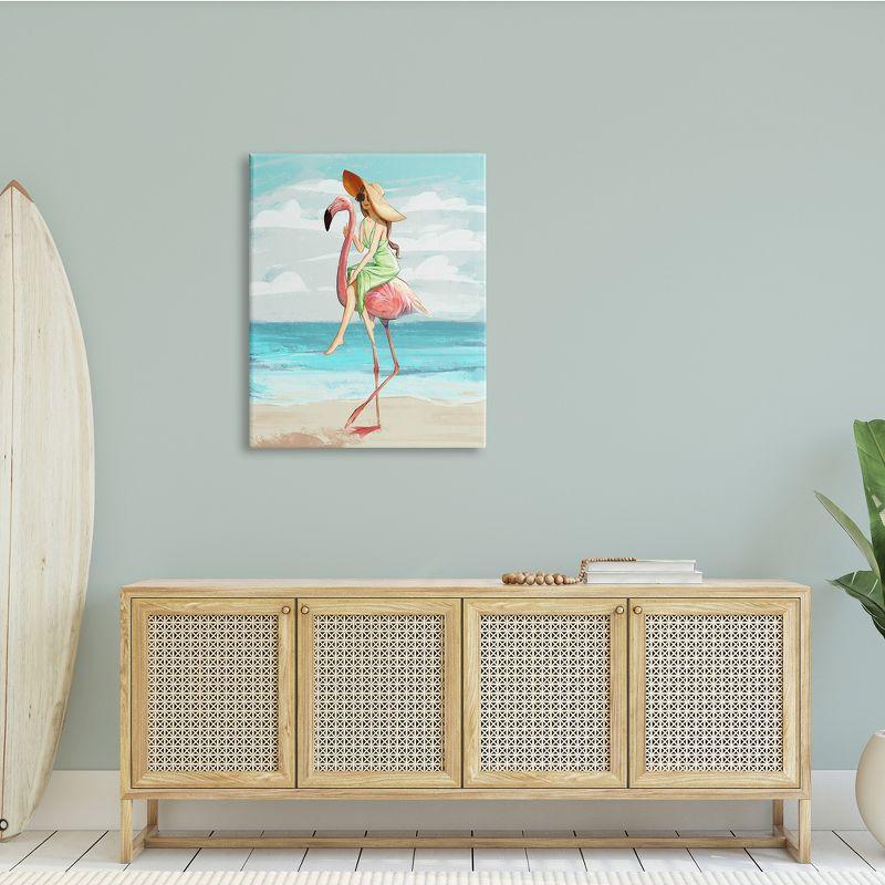 Stupell Industries Beach Woman Riding Pink Flamingo Tall Tropical Bird Gallery Wrapped Canvas Wall Art, 30 x 40