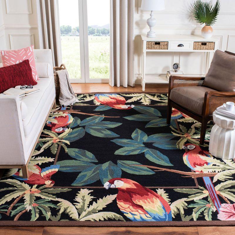 Handmade Black Floral Wool Area Rug with Parrot Design