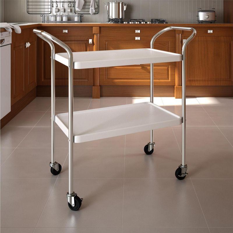 Retro High Gloss White & Silver 2-Tier Mobile Serving Cart