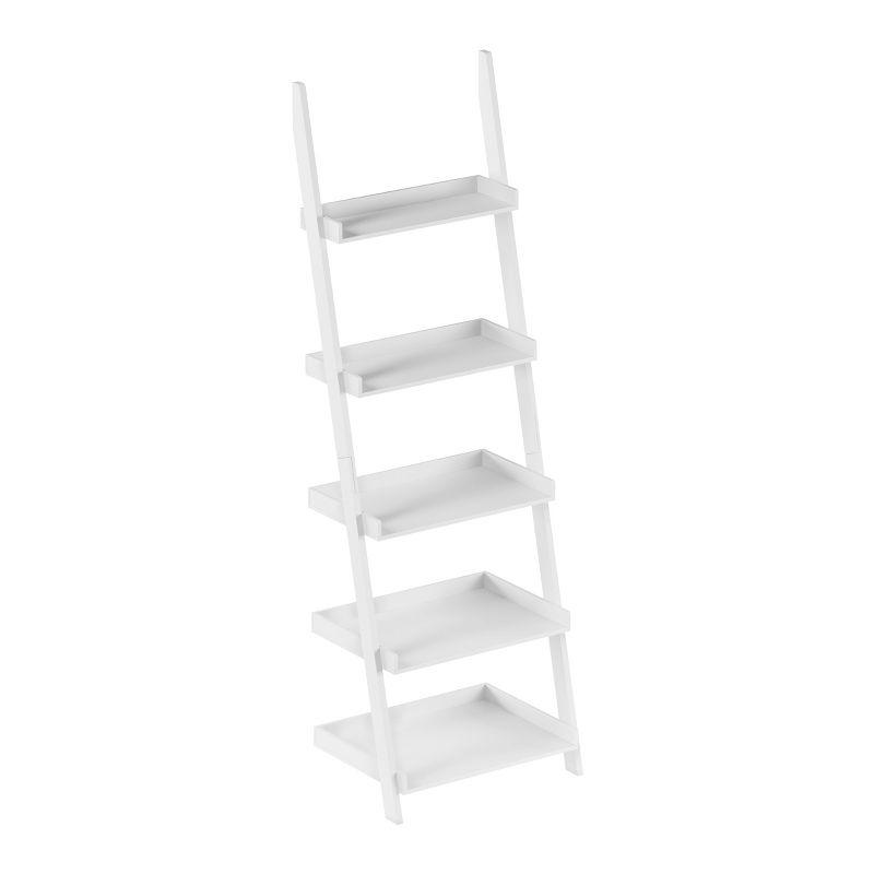 White 5-Tier Wood Ladder Bookshelf for Storage