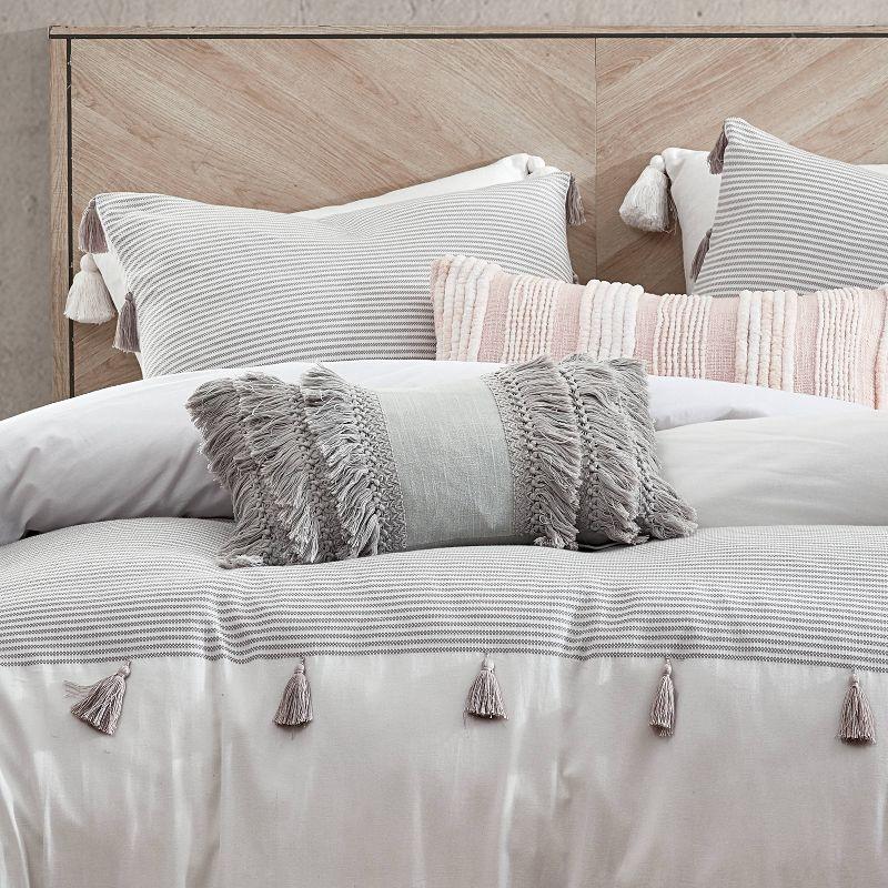 Gray Cotton Full/Queen Comforter Set with Tassels