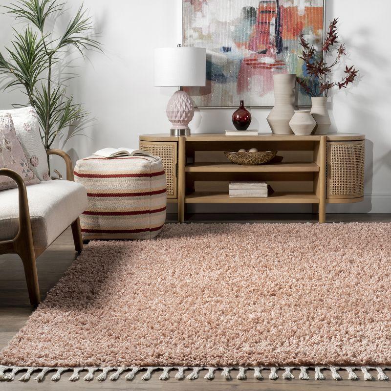 Braided Tassel Pink Shag Round Area Rug, Easy Care Synthetic