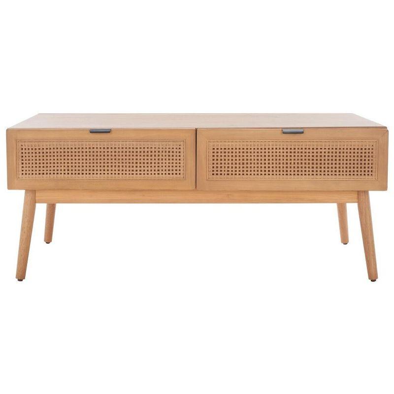 Natural Wood Rectangular Coffee Table with Woven Storage Drawers