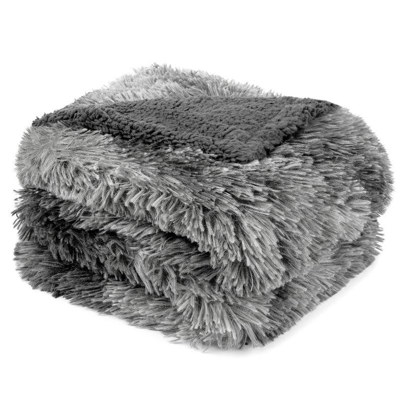 PAVILIA Fluffy Faux Fur Reversible Throw Blanket for Bed, Sofa, and Couch