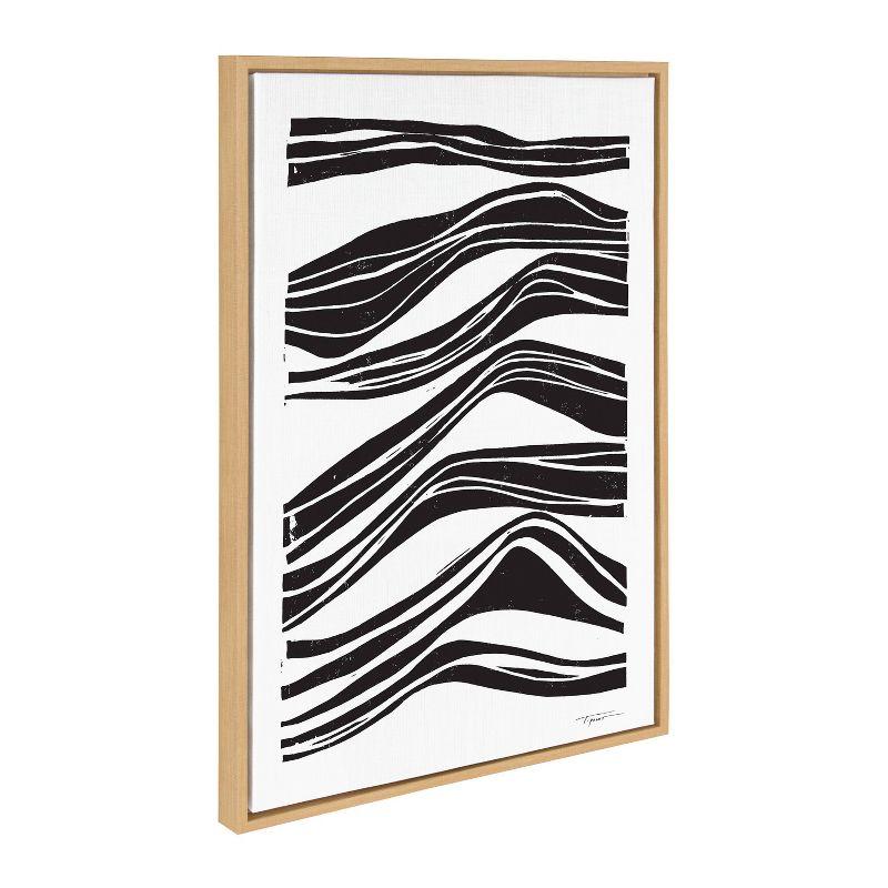 Abstract Waves Black and White Canvas Wall Art with Natural Frame