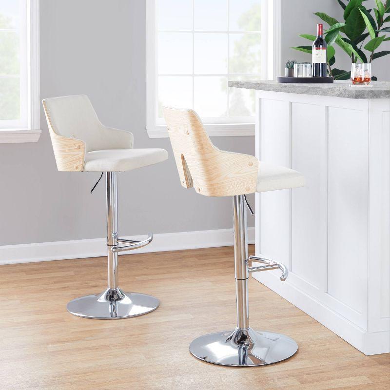 LumiSource Set of 2 Stella Adjustable Barstools Chrome/Natural/Cream: Upholstered Chair, Metal Frame, Footrest