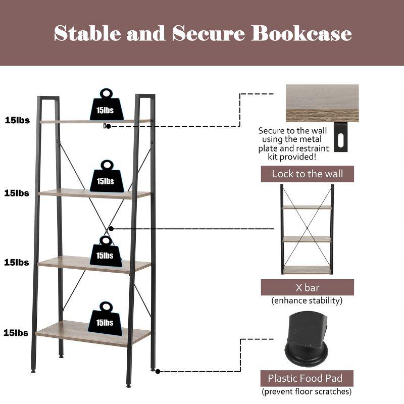 LuxenHome 4-Shelf 58.3" x 23.62" W Wood and Metal Ladder Bookcase. Brown