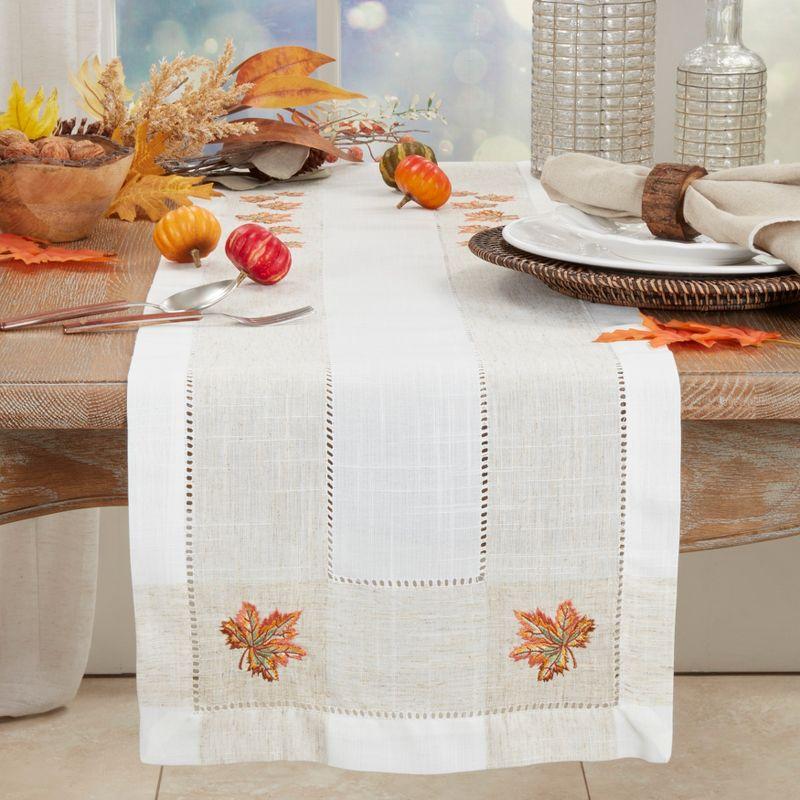 Embroidered Beige and Tan Floral Table Runner with Hemstitch, 15" x 70"