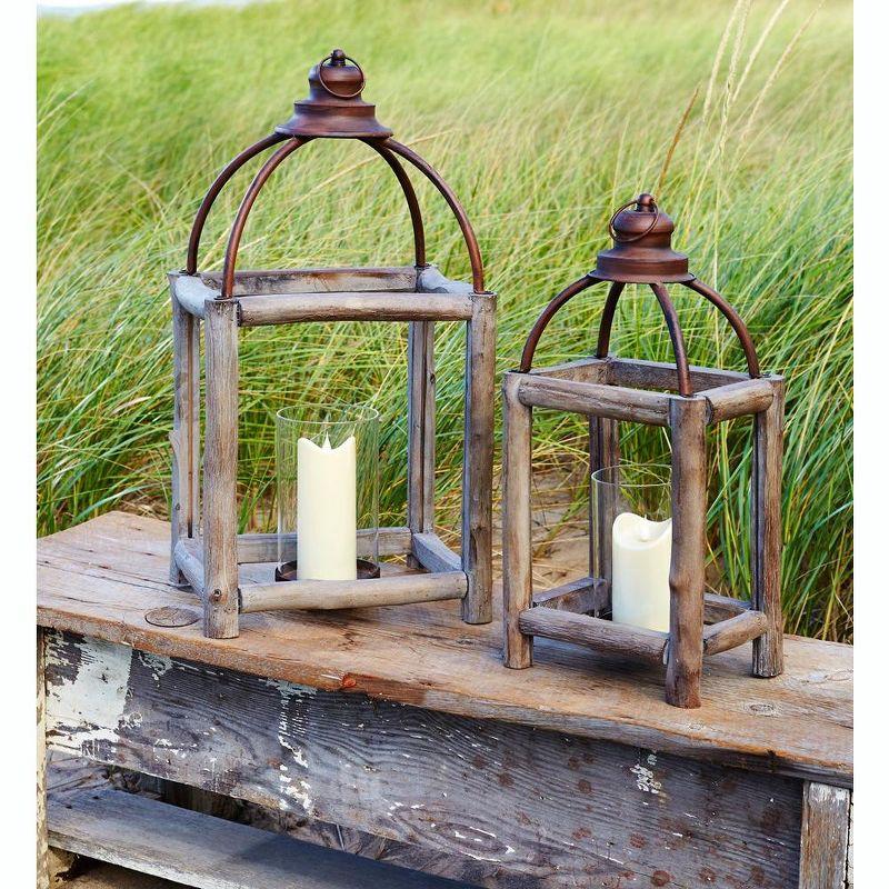 Rustic Wood Log and Antique Metal Lantern with Glass Hurricane (Set of 2)