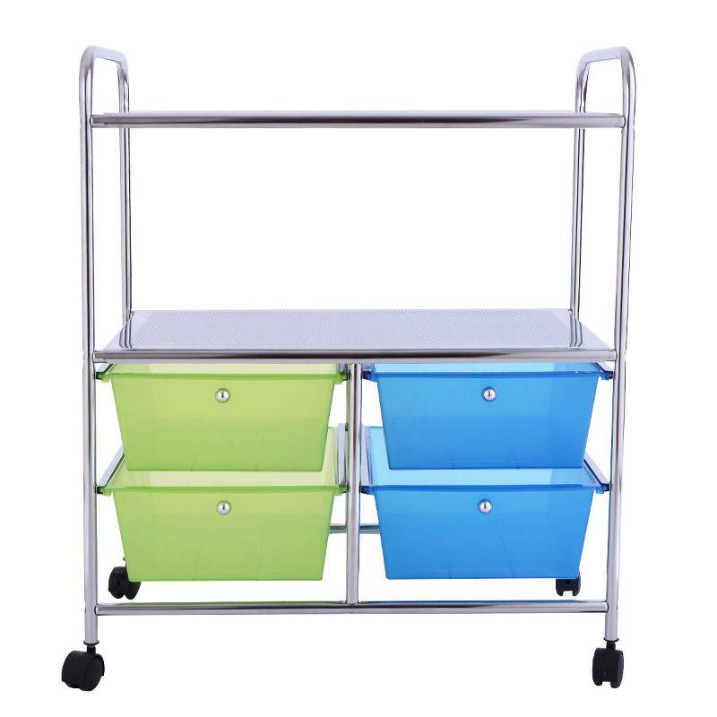 Green and Blue 4-Drawer Rolling Storage Cart with Metal Shelves