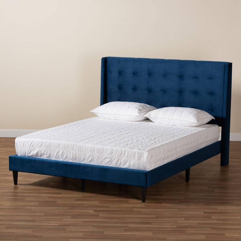 Elegant Navy Blue Velvet King Platform Bed with Tufted Wingback Headboard