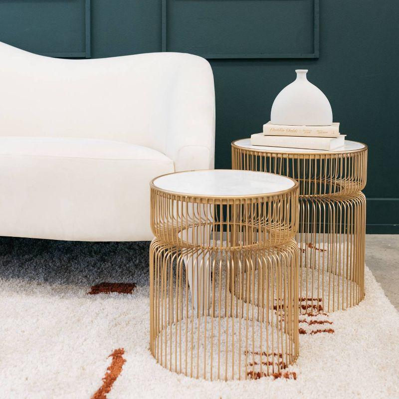 Set of 2 Vernway Side Tables White/Gold - Signature Design by Ashley: Marble Top, Contemporary Living Room Furniture Set