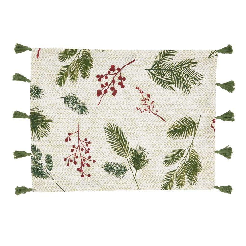 Holiday Pine Needle and Red Berry Cotton Placemats Set