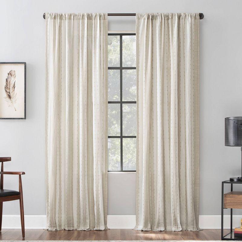 84"x52" Slub Texture Stripe Cotton Light Filtering Curtain Linen/White: Modern Rod Pocket Panel - Archaeo
