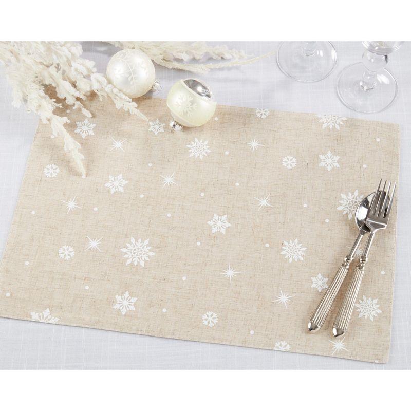 Saro Lifestyle Poly And Linen Blend Christmas Placemats With Snowflake Design (Set of 4), 13"x19", Beige