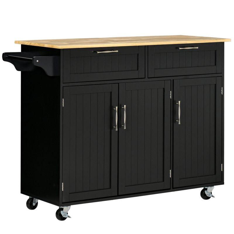 HOMCOM Modern Kitchen Island Cart on Wheels with Storage Drawers, Rolling Utility Cart with Adjustable Shelves, Cabinets and Towel Rack, Black