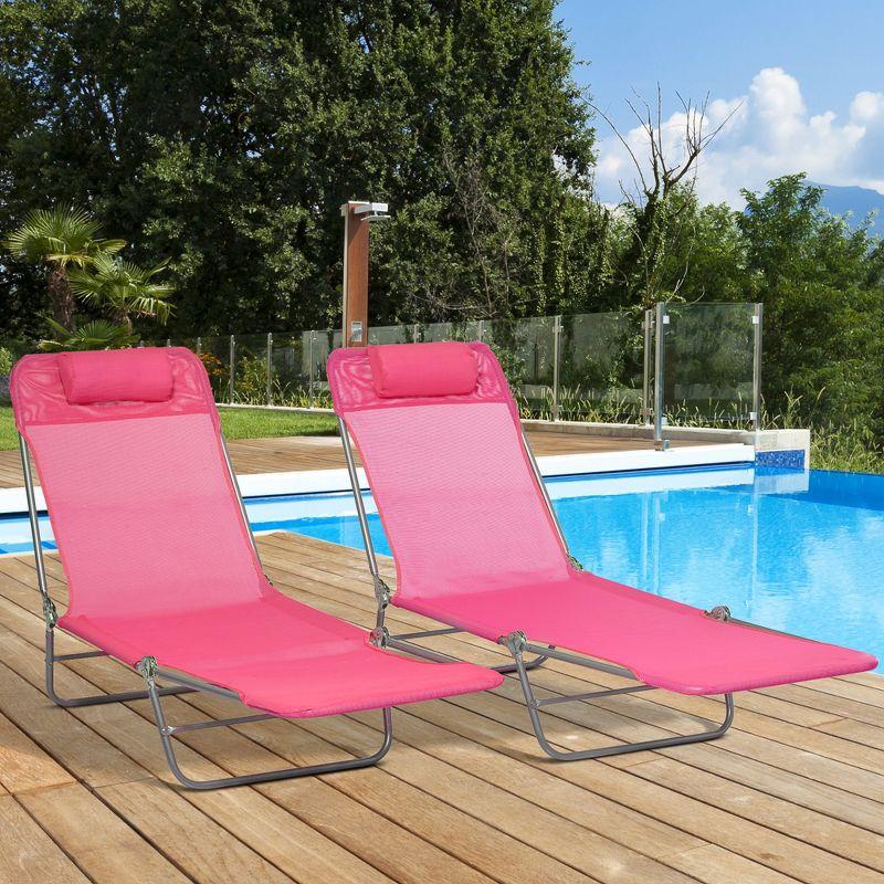 Outsunny Folding Chaise Lounge Pool Chairs, Set of 2 Outdoor Sun Tanning Chairs with Pillow, Five-Position Reclining Back for Beach, Pink
