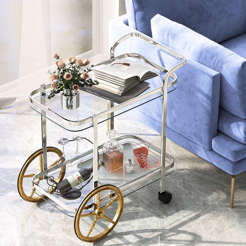 Costway Modern Bar Cart 2-Tier Tempered Glass Serving Cart with 2 Large Aluminum Wheels & 2 Rolling Casters Easy-to-Grip Handle Stainless Steel Frame