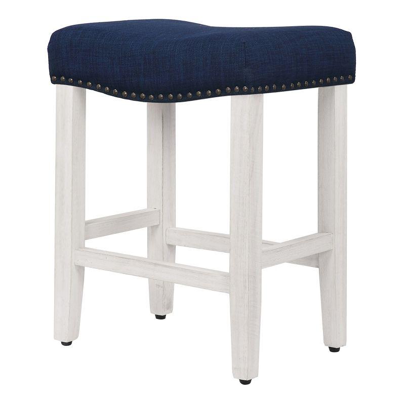 WestinTrends 24" Upholstered Saddle Seat Counter Stool (Set of 2), Antique White/Navy Blue